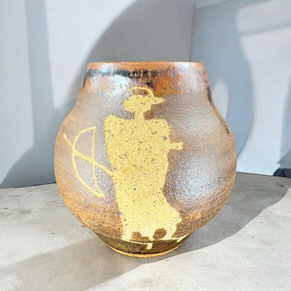 1997 Hand Made Primitive Style Pottery Vase Vessel Carved Brown Drip Glaze Vase - Picture 5 of 16